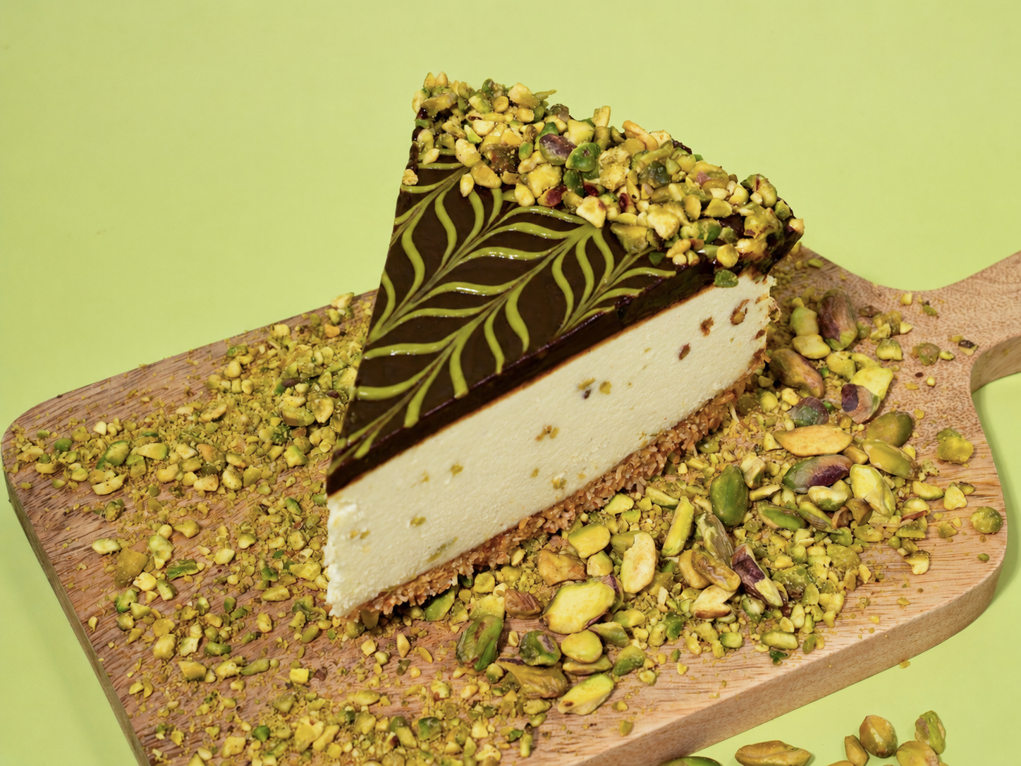 Slice of Dubai Chocolate Pistachio Kunafa Cheesecake